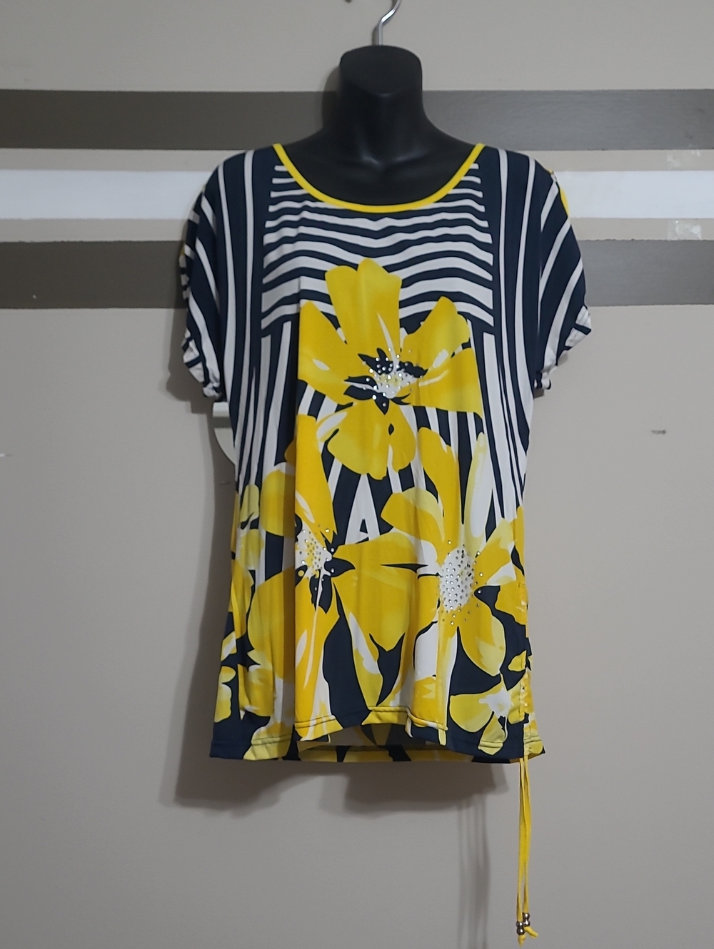 NWOT Le Grenier Yellow Floral Blue & White Stripe Short Sleeve Top Sz Large